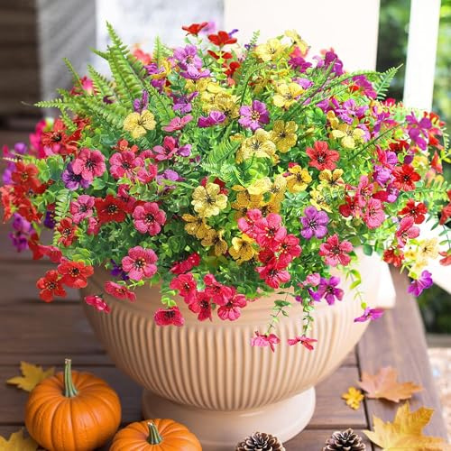 HyeFlora Künstliche Outdoor-Blumen für den Sommer, Außendekoration, 14 Bündel, künstliche Seide, Bunte Gänseblümchen-Farne, UV-beständig, realistisch, für Haustür, Veranda, Pflanzgefäß, Terrasse, Hof