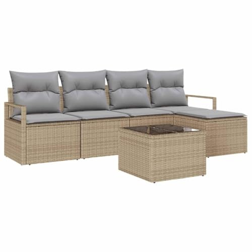 vidaXL Garten-Sofa-Set mit Kissen 6 pcs Beige und Hellgrau, Garten und Terrasse, modernes Outdoor-Set, modulares Sofa, Stauraum, platzsparende Lösung für Freizeitmöbel