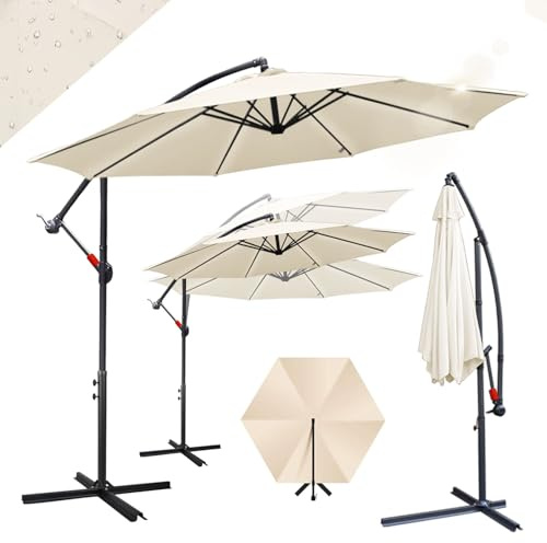 Ansobea Ampelschirm 300 cm, Sonnenschirm Gartenschirm mit Kurbel und Kreuzfuß, UV-Schutz 50+ Polyester, wasserabweisend, mit Lüftungsöffnung, für Terrasse und Garten,Beige