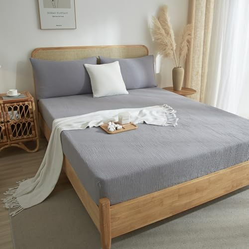 DXHOME Muslin Spannbetttuch 160x200cm Grau Dunkelgrau Spannbettlaken Muslin Bettlaken Betttuch Weich Atmungsaktiv Spannbetttuch 160 x 200 für Hohe Matratze bis 25-30 cm