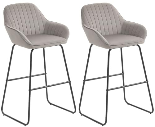 HOMCOM Barhocker 2er Set Gepolstert Barstuhl mit Fußstütze Lehne, Grau | Samtoptik, Küchenstühle mit Metallgestell, Tresenhocker für Küche, Wohnzimmer, Esszimmer