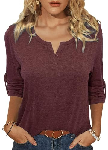 Terecey Camiseta Mujer Manga Larga Cuello en V Corte Holgado | Caída Relajada y Ligera, Espacio Cómodo al Moverse, Acabado Liso, Oficina Viajes y Fin de Semana, Uso entre Temporadas