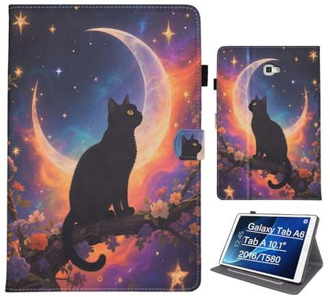 Bemoloon PU Tablet Cover per Samsung Galaxy Tab A 10.1 2016 A6/T580/T585 - Colori Vibranti & Design alla Moda, Anti-Graffio, Sblocco/Standby Automatico, Gatto Chiaro di Luna