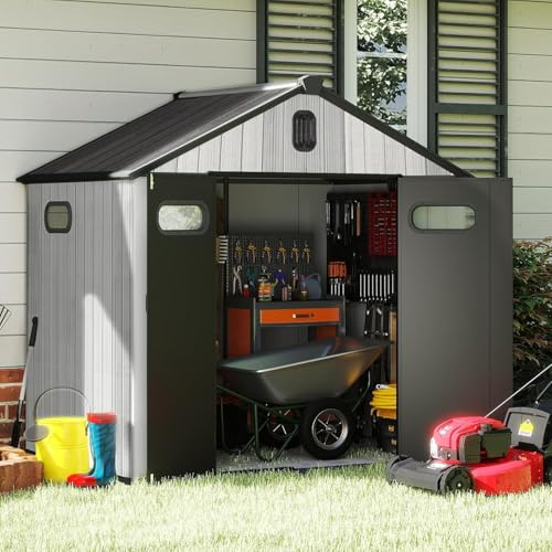 Domi outdoor living Gartenhaus Kunststoff – Wetterfest & UV-beständig, Doppelwand-Konstruktion, abschließbar, mit Dachbelüftung – Gartenschuppen für Fahrräder & Gartengeräte, Grau,2,3 x 1,8 m
