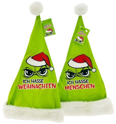 Witzige Weihnachtsmützen 2er-Set – Mütze mit Spruch „Ich hasse Weihnachten“ & „Ich hasse Menschen“ – lustiger Winterhut für Weihnachten, Wichteln, Party & Geschenkidee – Unisex, warm & weich
