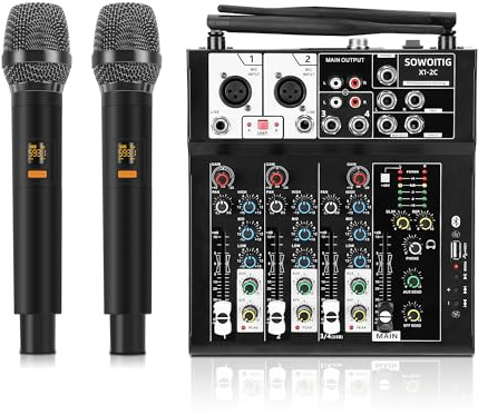 SOWOITIG 4 Channel Audio Mixer, Karaoke Mixer with Dual Wireless Microphones, Professional Sound Board DJ Mixing Console MP3 Bluetooth 48V Phantom Power USB Interface for PC Studio Recording Party