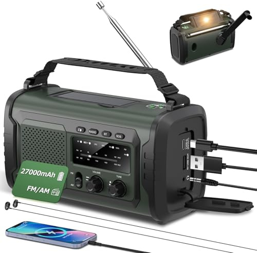 Portable AM/FM Radio with27000mAhRechargeable Battery,Bluetooth 5.1,Solar & Hand Crank Charging,LEDFlashlight, USB Power Bank, Tuning Dial Display and Headphone Jack for Home (Army green)