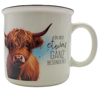 Kaffeebecher/Tasse aus Porzellan, Reisebecher, Retrodesign, Campingbecher, Motiv: Highlandrind, Du bist etwas ganz Besonderes, Größe H/Ø: 9 x 9 cm, Fassungsvermögen 250 ml, Spülmaschinengeeignet.