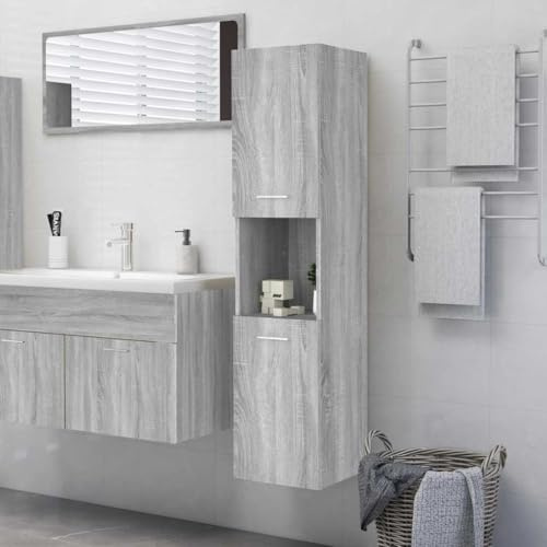 Drainlyn Badezimmerschrank Grau Sonoma Holzwerkstoff 30x30x130 cm mit 5 Fächern und 2 Türen, moderner Badschrank für Waschbeckenunterschrank, Waschtisch mit Unterschrank, Bad Unterschrank Waschbecken