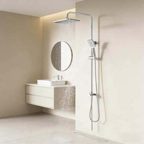 Rain Shower Kit,Shower Riser Rail Kit with Overhead Rainfall Showerhead and Handheld Showerhead,Chrome,with Fittings