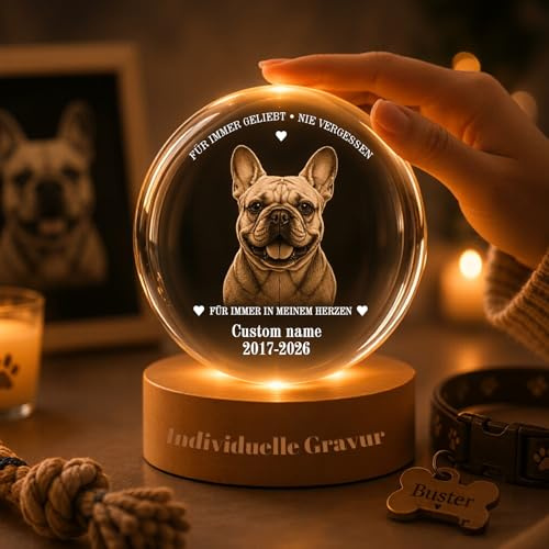 Personalisierte 3D Foto Kristallkugel LED Lampe Lasergravur für Haustiere | K9 Kristall, Massivholzsockel, USB Nachtlicht, 3 Größen, für Gedenkanlässe & Angehörige, Glaskugel & Schneekugel