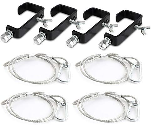 beamz Metal Lighting Safety Wire Set with Black G-Clamp Hooks - 4 Pack, Stage Light Mount Kits for DJ, Disco & Event Equipment, Max 10kg Load, 60cm Cable