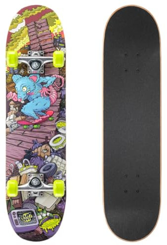Xootz Kids Skateboard, Double Kick Trick Skate Board with Maple Deck, for Boys & Girls, Rat Ramp Design