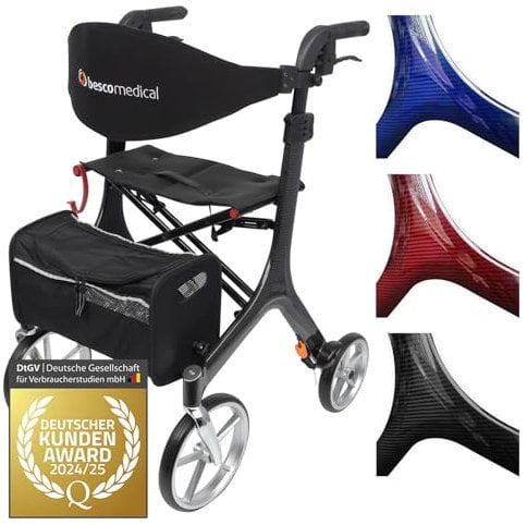 Besco Medical Carbon Rollator ultraleicht 5,8 kg - faltbar, höhenverstellbar, mit Sitz - Premium Gehhilfe mit Rückengurt, Netztasche, Stockhalter - Modell M Graphitgrau