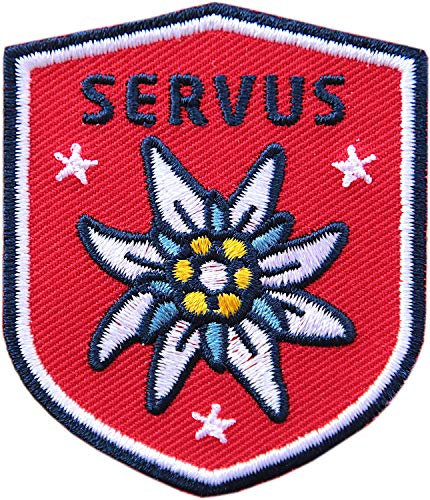 2 x Edelweiss Patch gestickt 51 x 60 mm/Aufbügler Aufnäher Patches Applikation Bügelbild Abzeichen zum aufbügeln aufnähen/Tracht Loden Lederhose Dirndl Janker Filzhut/Club of Heroes (Rot)