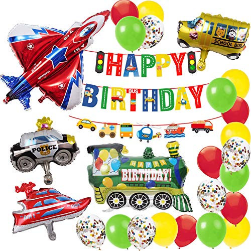 MAKFORT Geburtstagsdeko Junge Kindergeburtstag deko Birthday Decorations Kinder Geburtstag Folien Luftballon Flugzeug Zug Polizeiwagen Schulbus Yacht Ballons Happy Birthday Banner Geburtstag Deko