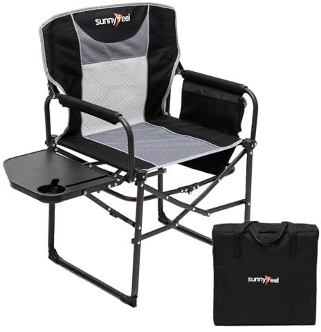 SUNNYFEEL Oversized Camping Directors Chair,Portable Folding Lawn Chairs for Adults Heavy Duty with Side Table,Pocket for Beach,Fishing,Picnic,Concert,Tailgating,Outdoor Foldable Chair（Grey Black）