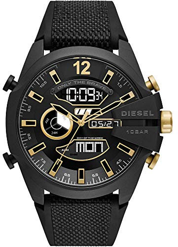 Diesel Mega Chief Montre pour Homme, Mouvement Ana-Digi avec Bracelet en Silicone, Acier Inoxydable ou Cuir, Noir et Ton Or, 51mm