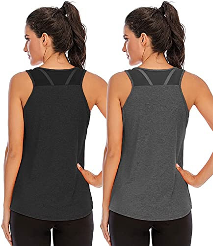 Nekosi Damen Yoga Tanktops Ärmelloses Sportshirt Kleidung Mesh Zurück Fitness Laufen Shirt Sport Oberteile Schwarz Grau XL, 2er Pack