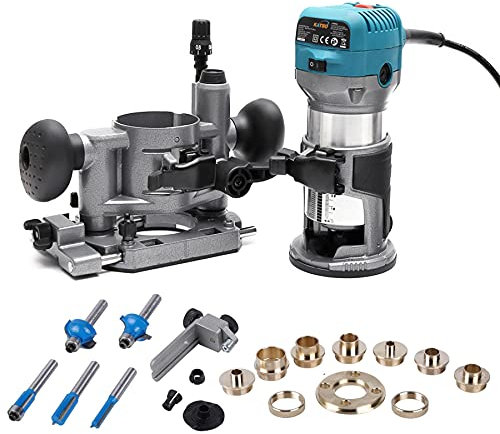 KATSU Rifilatore Fresatrice Verticale per Legno Elettrica 220V 710W Laminatore Router Strumento per Falegnami + Mandrino da 1/4 + Base a Tuffo + Frese per Legno + Kit Guide per Router