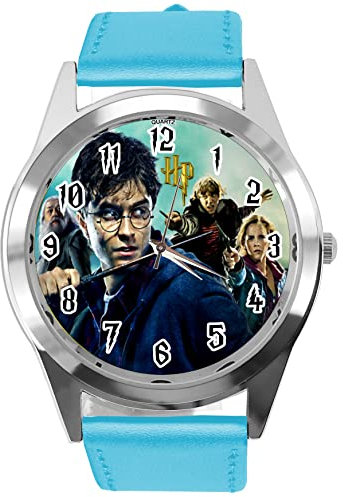 Runde Quarzuhr aus blauem Leder fur Zauberer-Fans E3