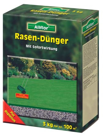 Allflor Rasen-Dünger mit Sofortwirkung I 1 x 3 Kg I NPK 12-5-5 I Rasendünger in der Faltschachtel I Dünger ist gut geeignet für Streuwagen I Düngemittel mit hohem Stickstoffgehalt