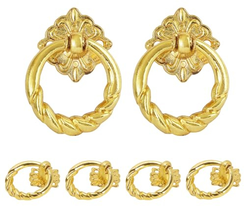 Zernmiarder 6 x goldene Blumen-Ring-Schubladengriffe, kleine Vintage-Schrankring-Griffe, Metall-Schubladen-Ringknöpfe für Kommoden, Schubladen, Schränke