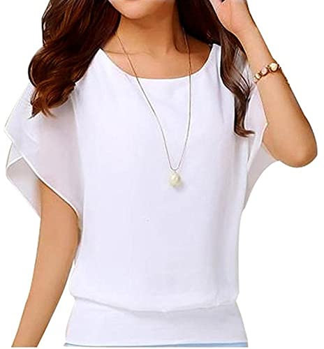 TIMEMEAN Hauts pour Femme élégant Chemisier en Mousseline à Volants Chemise De Travail Décontractée à Manches Courtes à Manches Chauve-Souris Et à Encolure Dégagée #04blanc M