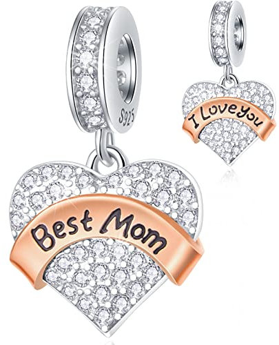 I Love You Best Mum Heart Pendant Charms, fits Pandora First Mother's Day Bracelet Necklace, 925 Sterling Silver Super Mama Dangle CZ Beads, Gift for Mummy/Mom/Navy Army Mum