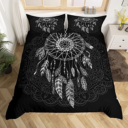 Homemissing Housse de Couette Attrape-rêves Blanc Parure de lit bohème Mandala Noir Femmes Hommes Moderne géométrique Housse de Couette Ensemble Boho Fleurs Plumes Ensemble de literie 220 x 240 cm