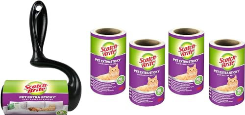 Scotch-Brite Large Surface Extra Sticky Hair Roller + Scotch-Brite Pet Extra Sticky Hair Roller Refill - 4 Pieces in Pack, 48 Sheets/Roller