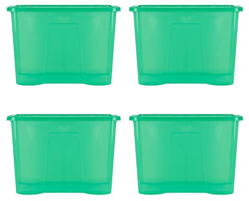 Wham Crystal 4x 80L Plastic Storage Boxes with Lids. Large Size, Strong (Pack of 4, 80 Litre). Made in the UK (Tint Leprechaun Green)
