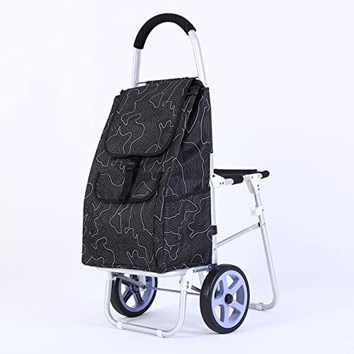 Einkaufswagen mit Sitzfunktion, Einkaufstrolley Klappbar Große Räder, Handwagen mit Abnehmbarer Wasserdichter Einkaufstasche Große Kapazität Multifunktions Shopping Trolley (F)