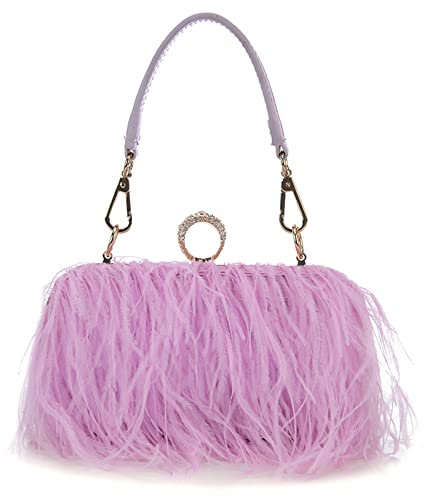 Pochette da donna affascinante con piume di struzzo, borsa da sera elegante e formale con cinturino a catena staccabile per feste di nozze, Viola, S