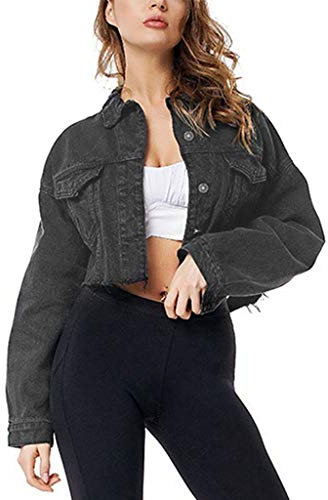 CAUYDY Zerrissene Fransen-Jeansjacke for Damen, Verwaschenes Distressed-Jeansjacke mit Ausgefranster Knopfleiste und Tasche