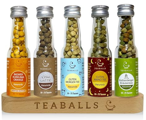 TEABALLS BIO - 5er Set BIG PURE - INGWER KURKUMA ORANGE, CHAI LATTE, GUTEN MORGEN, GUTEN ABEND, ROTHENBERGER KRÄUTERTEE für ca. 200 Tassen Tee