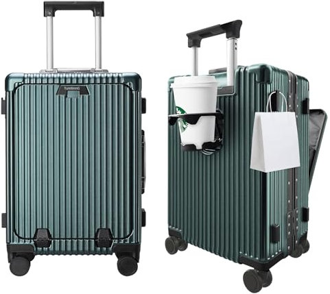 TurelinnG Koffer,24 Zoll Aluminiumrahmen Suitcase mit Spinner-Rädern, Eingebautes TSA-Schloss, mit USB-Anschluss & Becherhalter & Telefonhalter Harter Handgepäck Koffer & Trolleys(Grün)