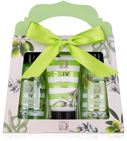 Accentra – Duschset Frauen Geschenkset OLIVE in schöner Geschenkbox – 3-teiliges Pflegeset mit Duschgel, Bodylotion und Schaumbad – Wellness Geschenk Set zum Valentinstag, Muttertag & Weihnachten