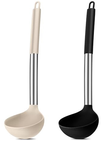 Suppenkelle, Joyfair 2-teiliges Silikon Schöpfkelle Set, Hitzebeständigkeit Schöpflöffel mit Griff aus Edelstahl, 30cm Groß Soßenlöffel zum Kochen/Rühren/Servieren, Gesund & Antihaft - Schwarz & Khaki