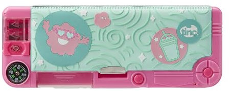 Tinc Pop-Out Compartment School Pencil Case - Cool Mint - Soft Green and Pink - Includes Pencil with Eraser Topper, Ballpoint Pen & 15cm Ruler - Secret Compartments with Push Button