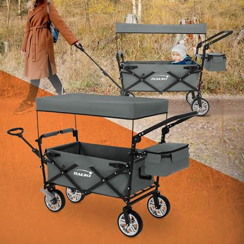 Hauki Bollerwagen XXL faltbar mit Dach & Tasche, Grau, Handwagen klappbar zum Schieben/Ziehen, Kinder Transportwagen Kinderwagen, 360° drehbare Vorderräder, PU Räder mit Bremsen, Transportkarre 120 kg