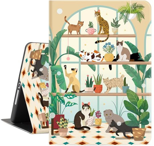 iPad 9. Generation Hülle Katzen, iPad 10.2 Hülle für Mädchen Frauen, iPad 8. Generation Hülle, iPad 7. Generation Hülle, 10,2 Zoll Tablet Hülle Multi Viewing Ständer, Auto Wake/Sleep, Pflanzen Regale