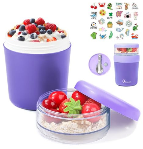Bugucat Tazza per Cereali To Go 500 ml + 150 ml Con Adesivi Abbinati, Contenitore per Yogurt e Pranzo, Bicchiere per Insalata Con Cucchiaio, Pratico per Picnic