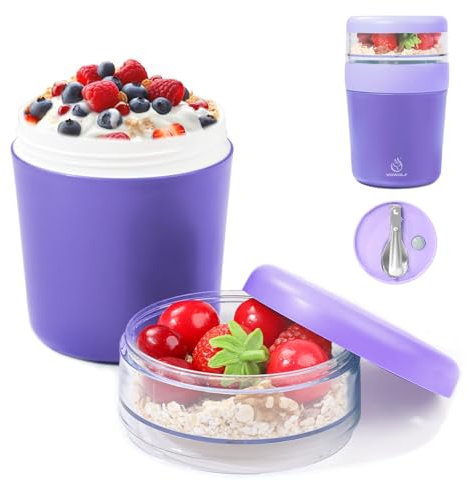 YOWOLF Müslibecher to Go 500ml+150ml, Praktischer Müslibecher & Joghurtbecher für Picknick, Auslaufsicherer Joghurtbecher to Go Lunchpot mit Löffel, Müsli to go Becher Yoghurt to Go mit Deckel, Lila