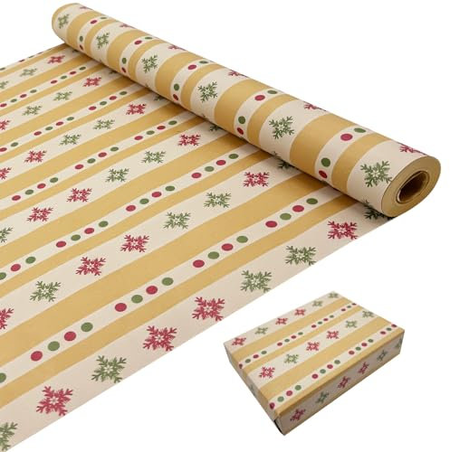 Weihnachtsgeschenkpapier zum Verpacken von Geschenken: Kraftpapierrolle mit festlichem Muster bedruckt, 43 cm x 15 m, recycelbares Geschenkpapier