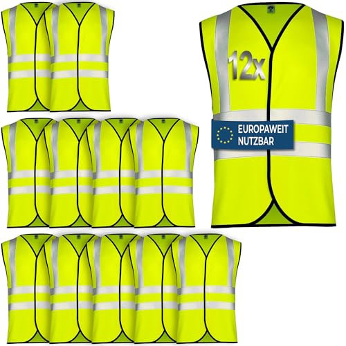 OMKA Warnweste Set – Sicherheitswesten Neonfarben mit 360° Reflexstreifen – Atmungsaktiv leicht & maschinenwaschbar – Auto Pannenweste für Kinder & Erwachsene mit Klettverschluss Neon Gelb - L