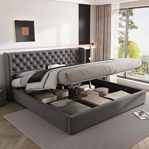 Polsterbett 160x200 cm, Chesterfield-Stil, graues Samt, hydraulische Aufbewahrung, Lattenrost, Stauraum, edles Design, mit Knopfnähte, ohrenförmig, ohne Matratze