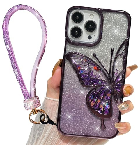 AuroiCCY for iPhone 16 Pro Max Case Cute Bling Glitter Girly Butterfly, Luxury Electroplate Flowing Liquid Aesthetic Women Cover with Bling Wrist Strap Lanyard for iPhone 16 Pro Max (Purple)