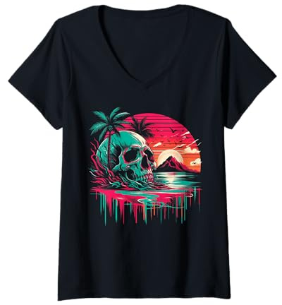 Damen Totenkopf mit Sonnenuntergang und Palmen in surrealer Meeresstimmung T-Shirt mit V-Ausschnitt