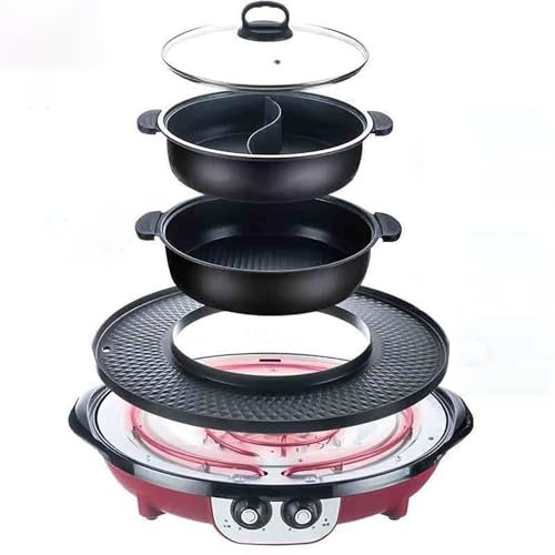 Griglia Elettrica, Fornello Elettrico con Pentola Calda da 2200 W con Doppio Controllo della Temperatura, Griglia for Barbecue Multifunzione Senza Fumo Pentola Calda Shabu Shabu(Red)